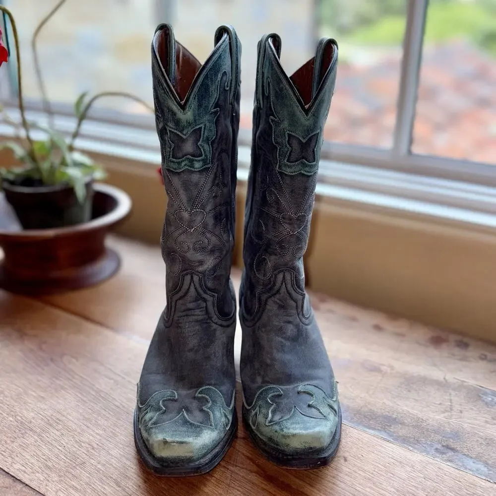 American Rebel Cowboy Boots Womens 6.5 Blue & Grey Leather Western Stitched EUC